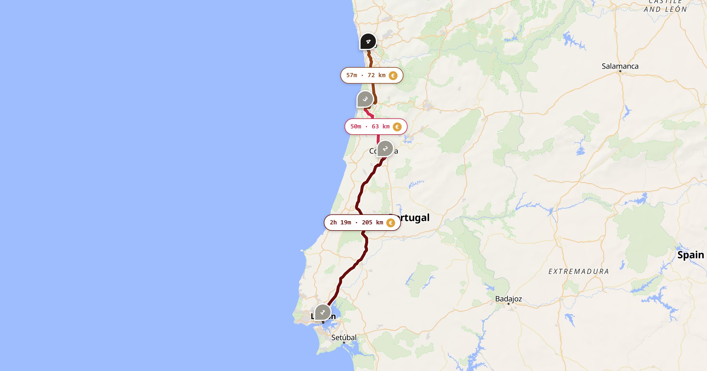 Map of the Lisbon to Porto drive: the route via Lisbon, Coimbra, Aveiro, Porto