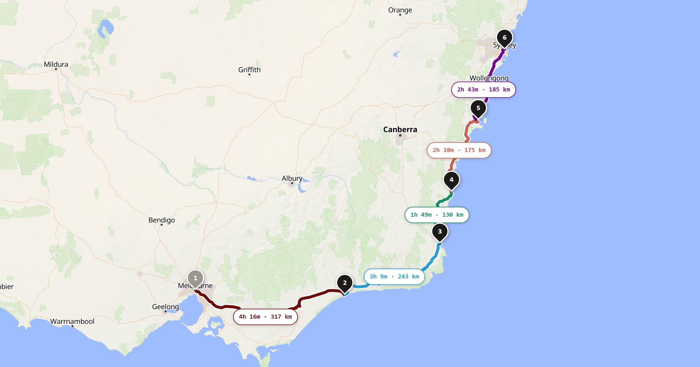 Melbourne to Sydney route map
