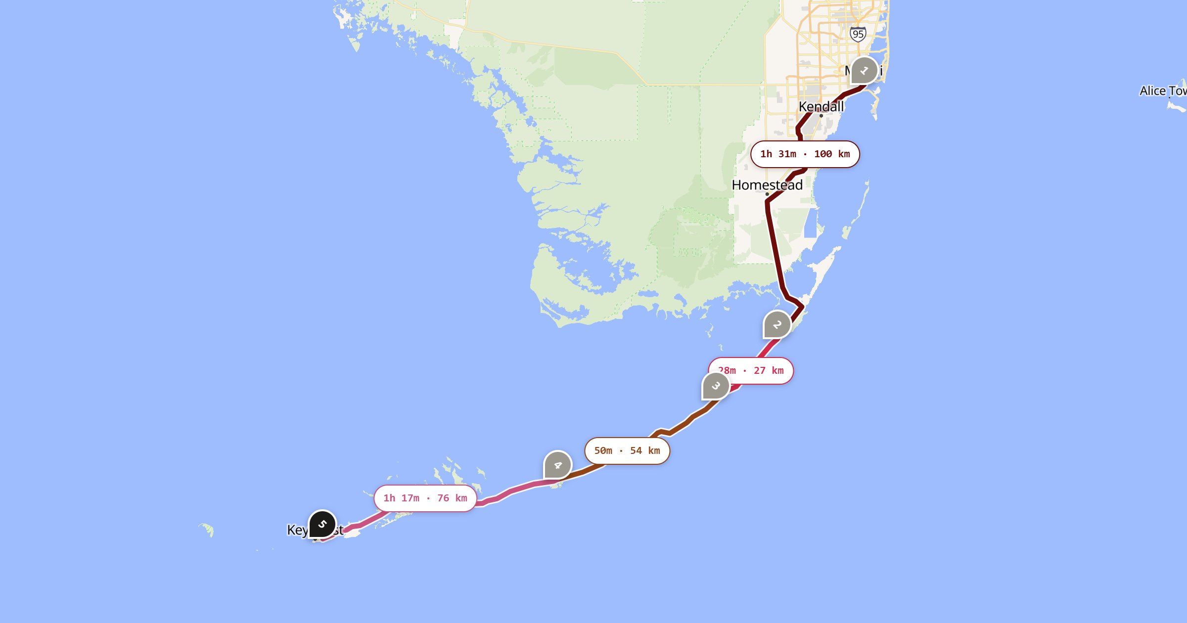 Map of the Miami to Key West drive: the route via Miami, Key Largo, Islamorada, Marathon, Key West