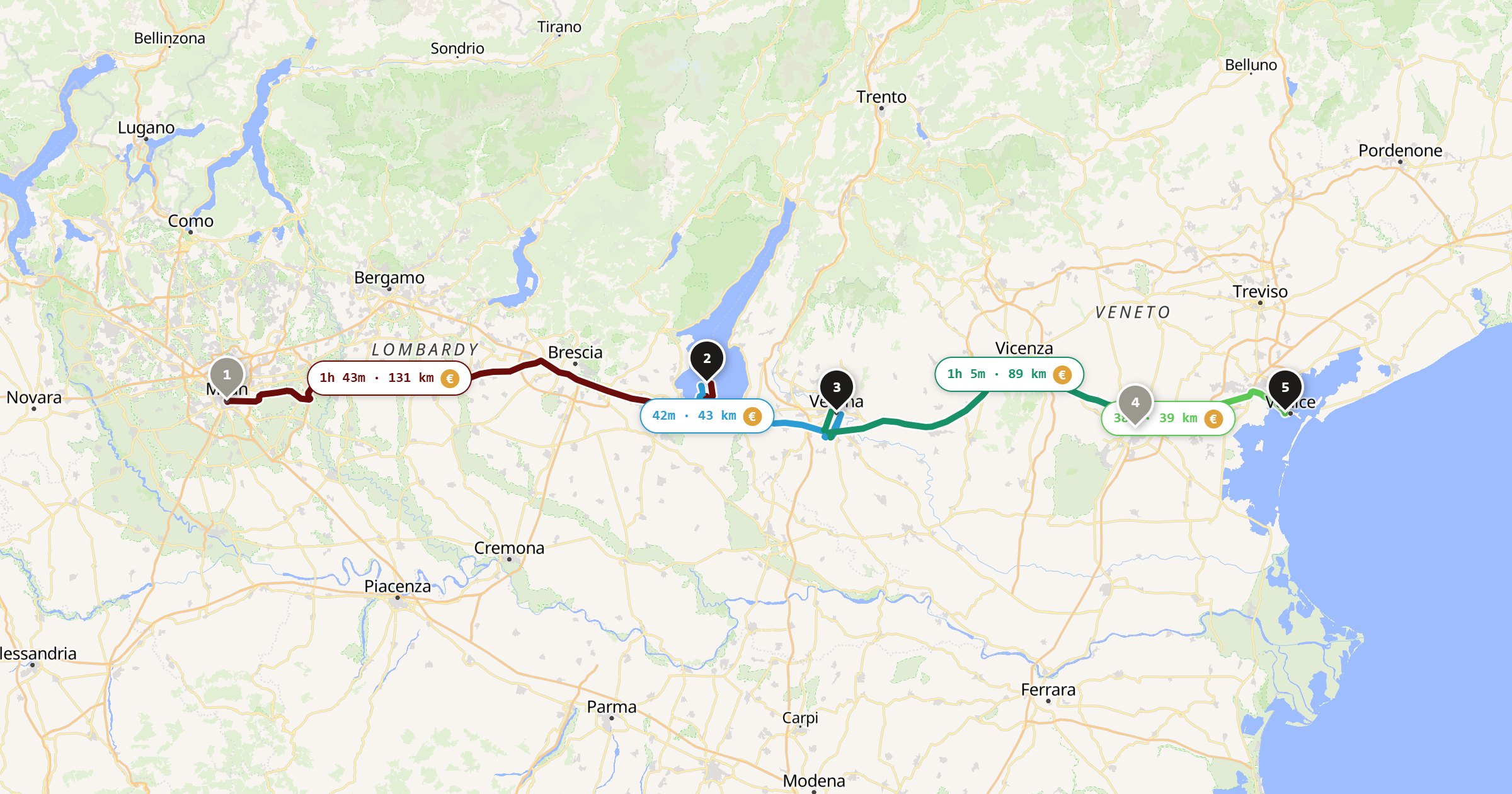 Map of the Milan to Venice drive: the route via Milan, Sirmione, Verona, Padua, Venice