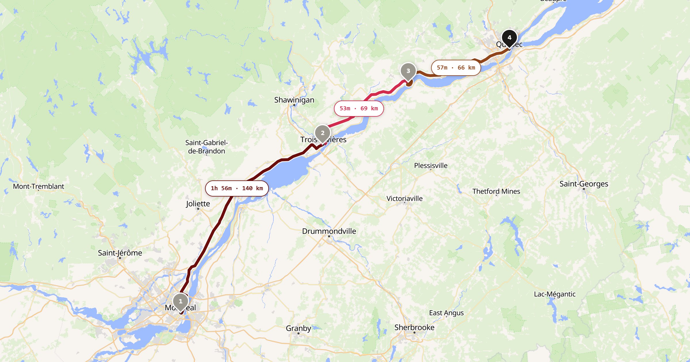 Map of the Montreal to Quebec City drive: the route via Montreal, Trois-Rivières, Deschambault, Quebec City