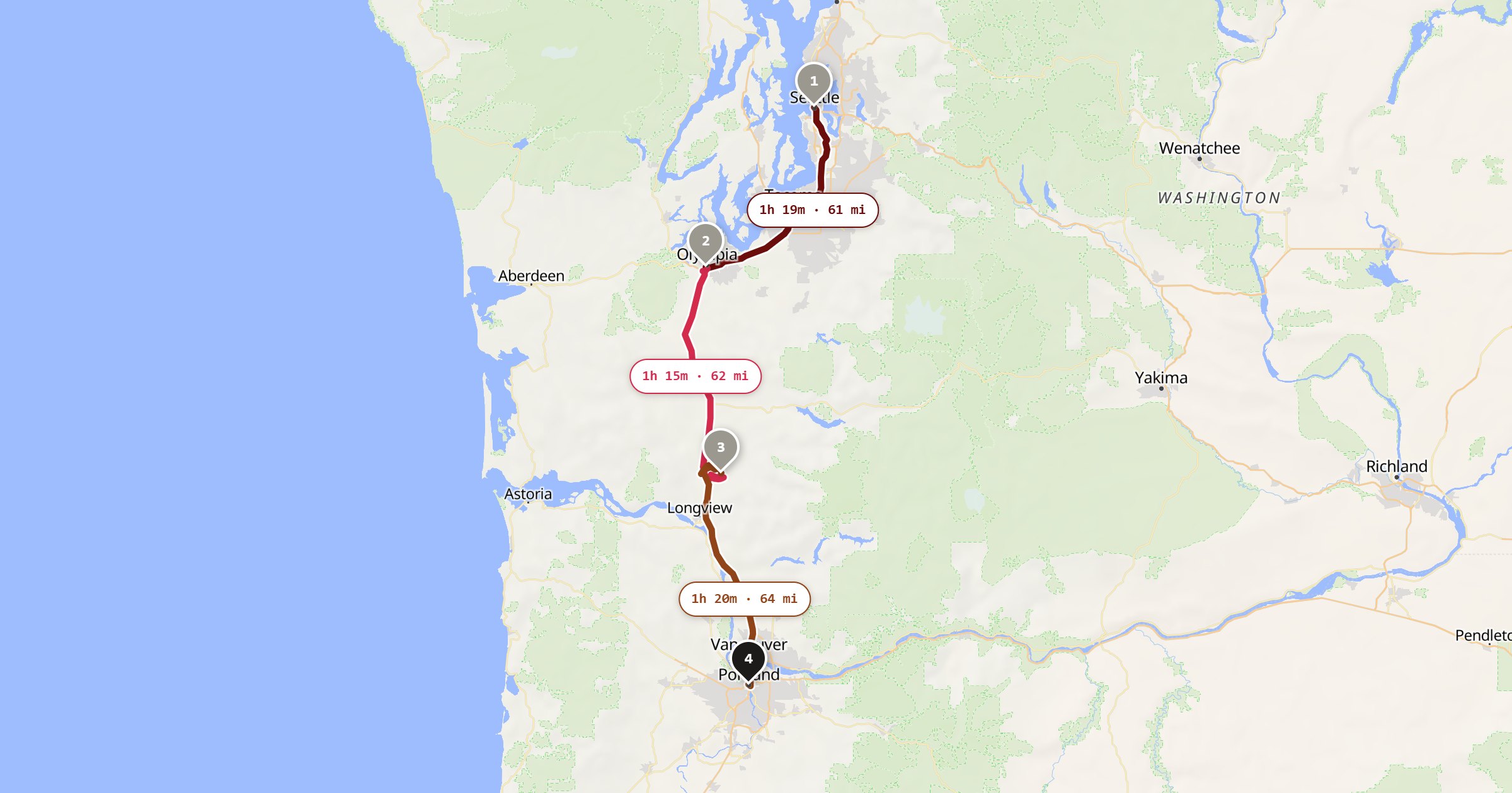 Map of the Seattle to Portland drive: the route via Seattle, Olympia, Mount St. Helens, Portland