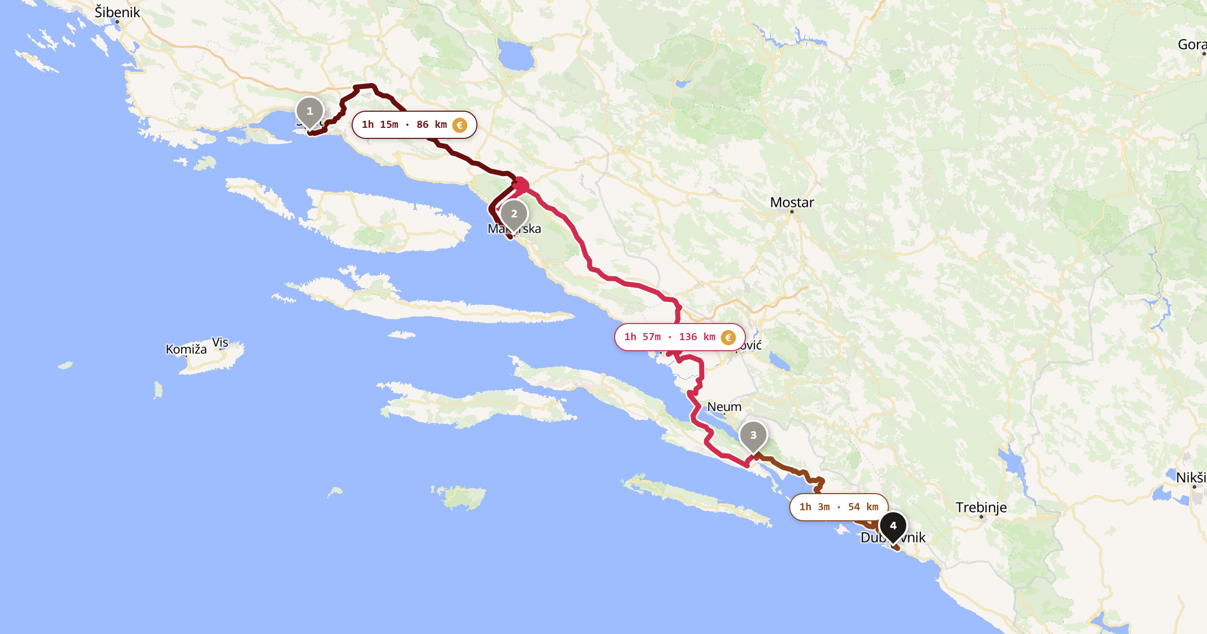 Map of the Split to Dubrovnik drive: the route via Split, Makarska, Ston, Dubrovnik