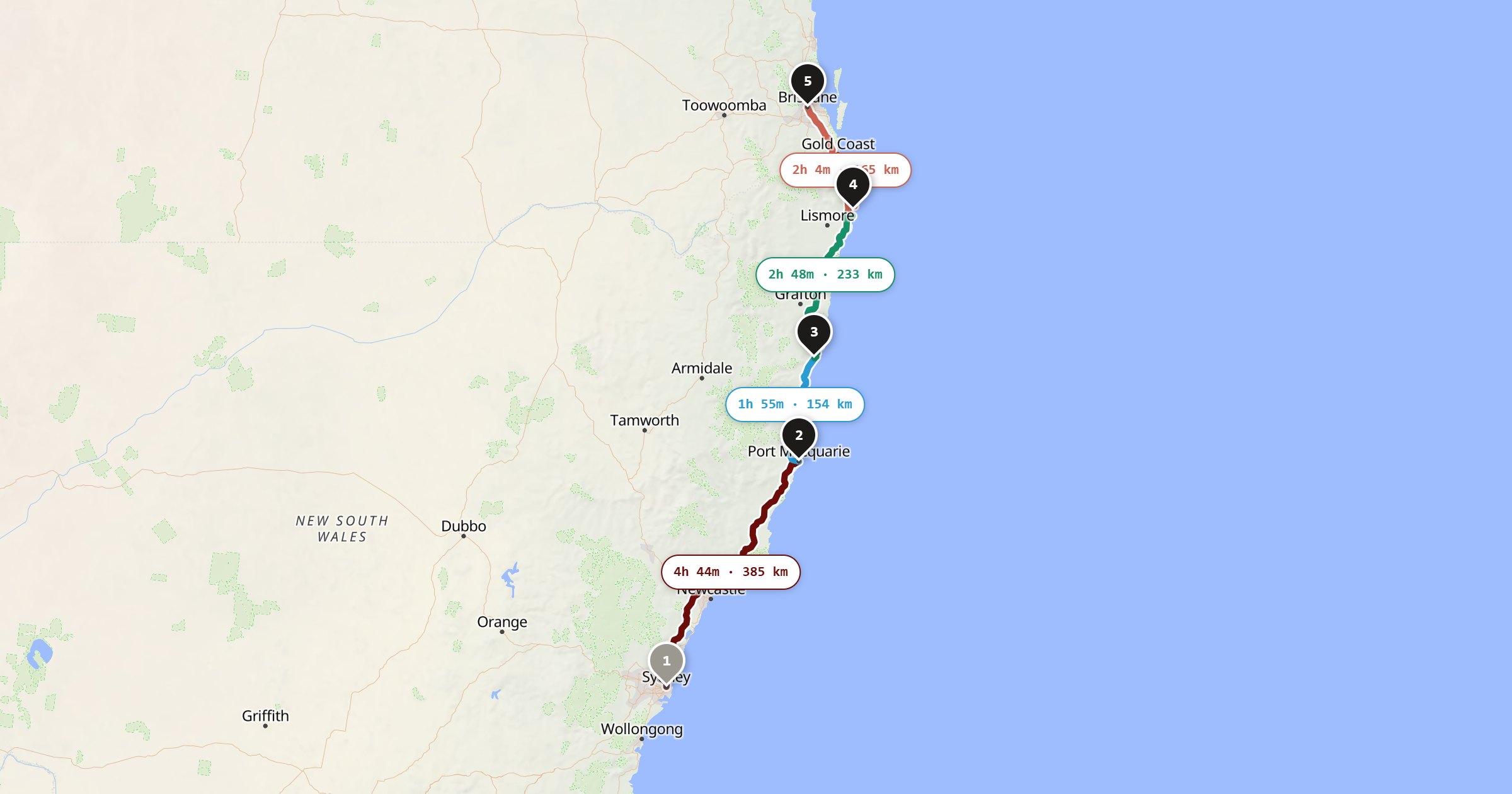 Map of the Sydney to Brisbane drive: the route via Sydney, Port Macquarie, Coffs Harbour, Byron Bay, Brisbane