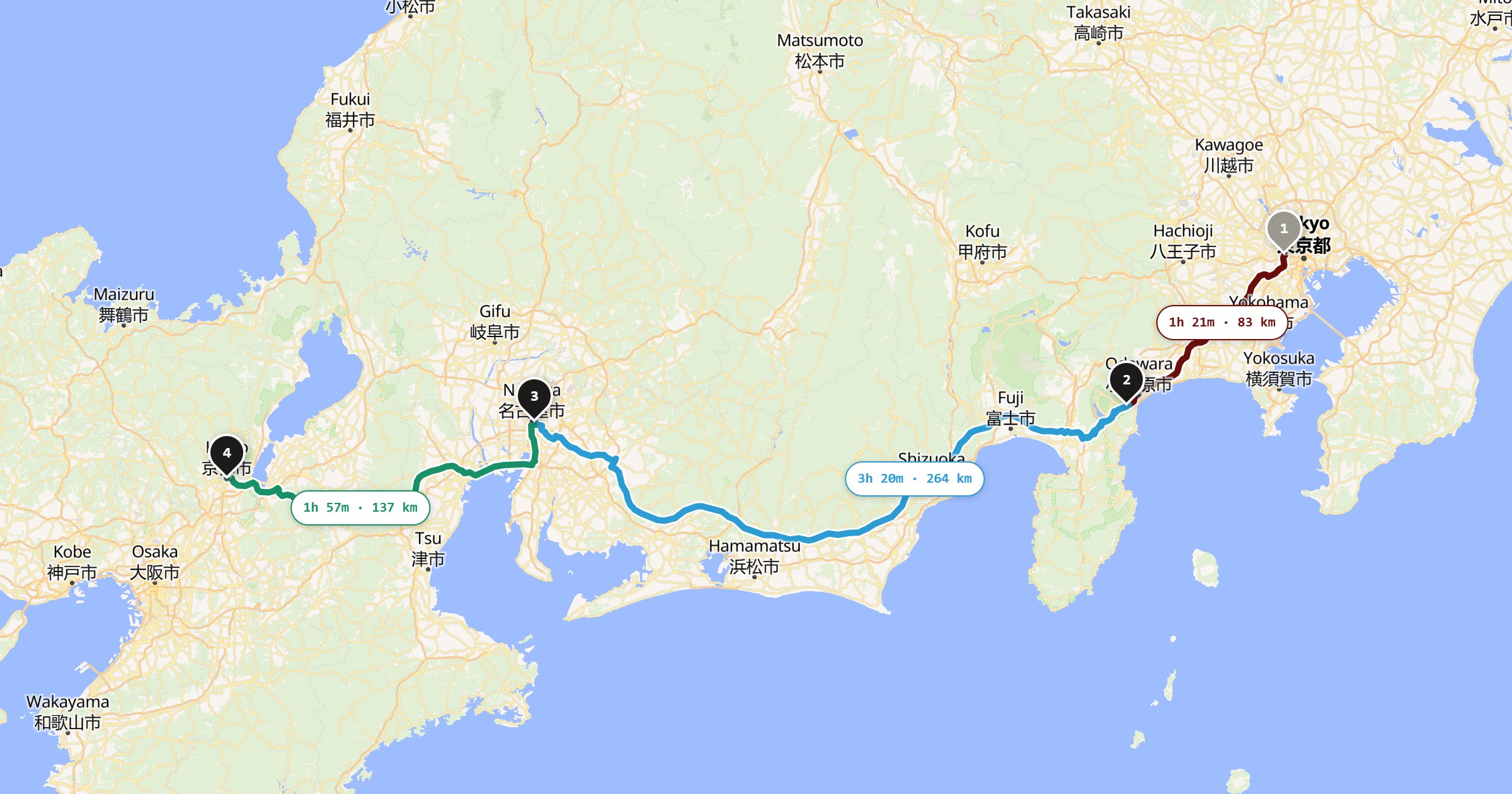 Map of the Tokyo to Kyoto drive: the route via Tokyo, Hakone, Nagoya, Kyoto